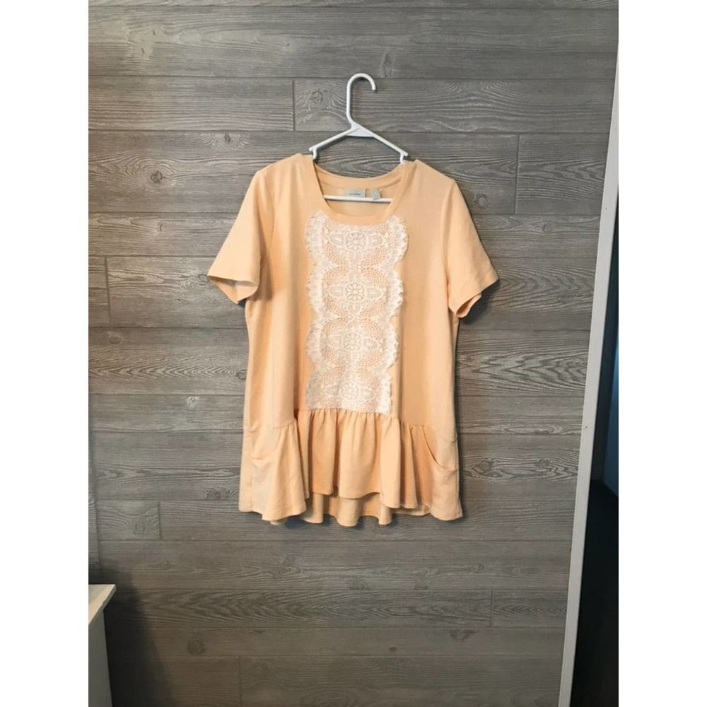 LOGO Lovely Lace yellow Ruffle‎ Hem Tunic Top Size XL